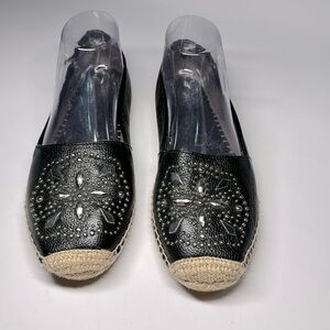 Brighton Jett Espadrilles Slip On Leather Shoes Black Flats Silver Studs size 8